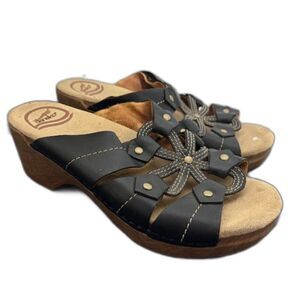 Dansko Serena black leather floral wedge sandals Sz 36 Comfort Travel y2k Style